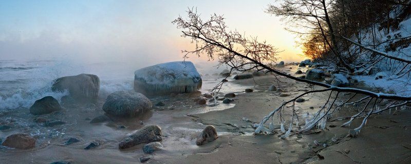 балтийское море, море, зима, камни, пар, рассвет, пейзаж, панорама Утро декабряphoto preview
