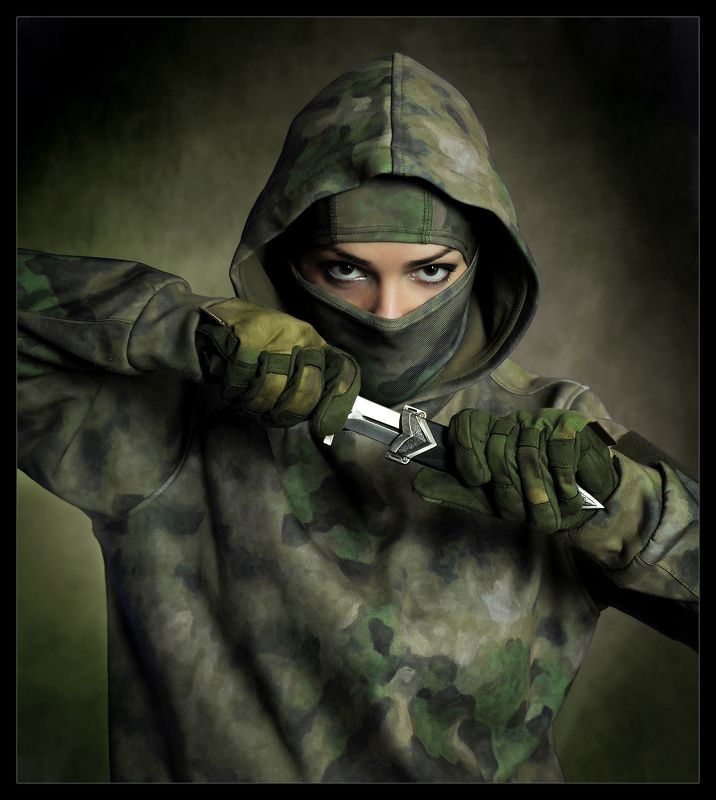 девушка, нож, ниндзя, взгляд, глаза \