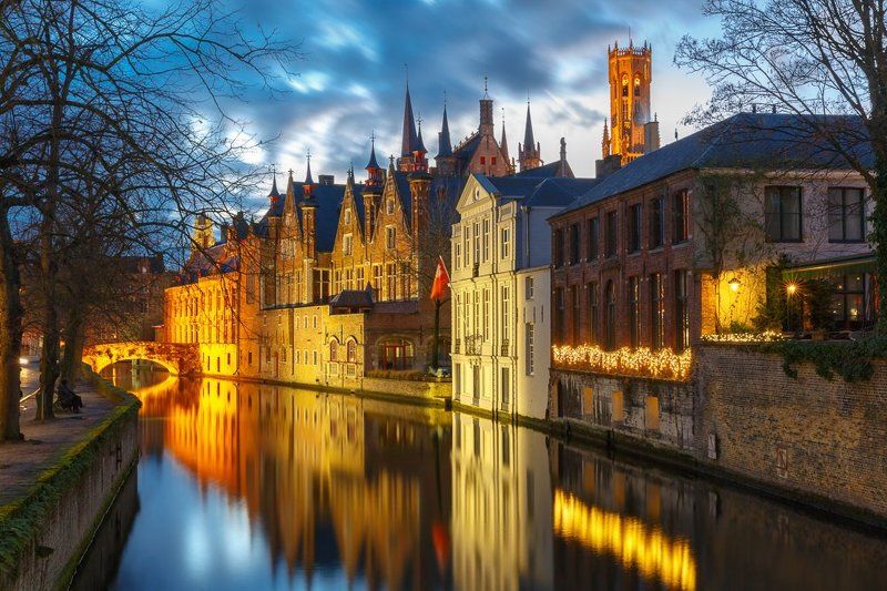 бельгия, брюгге, groenerei, green canal, belfort, belfry, bruges, brugge, tower, landmark, cityscape, sunset, night, medieval, belgium, belgian, europe, european, Сказочный Брюггеphoto preview