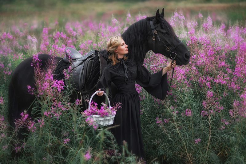 лошадь, цветение, женский портрет, человек и лошадь photo preview