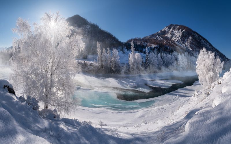 алтай, горный алтай, пейзажи алтая, онгудайский район, горная река, чуя, зимний пейзаж, горы, зимний алтай, морозное утро, зима, мороз Чуйская зимняя открыткаphoto preview