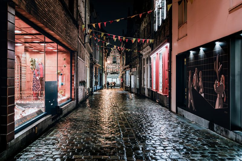 город, гент, улица, бельгия, тротуар, отражения, дождь, ночь IIphoto preview