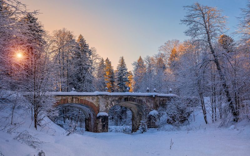 зима, снег, вечер, закат, усадьба, солнце Зимний мотивphoto preview