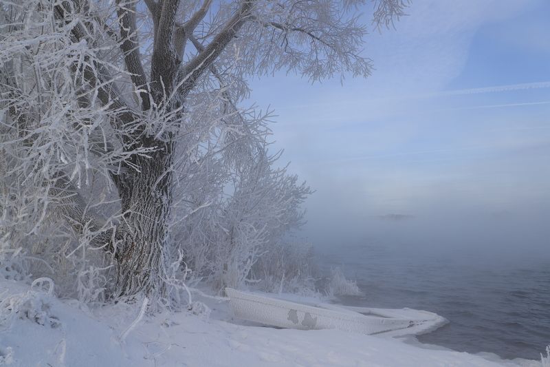 пейзаж, иней, лодка, шатура, мороз, утро, зима, холод, берег, россия, озеро, вода, деревья, тишина Забытая лодка фото превью