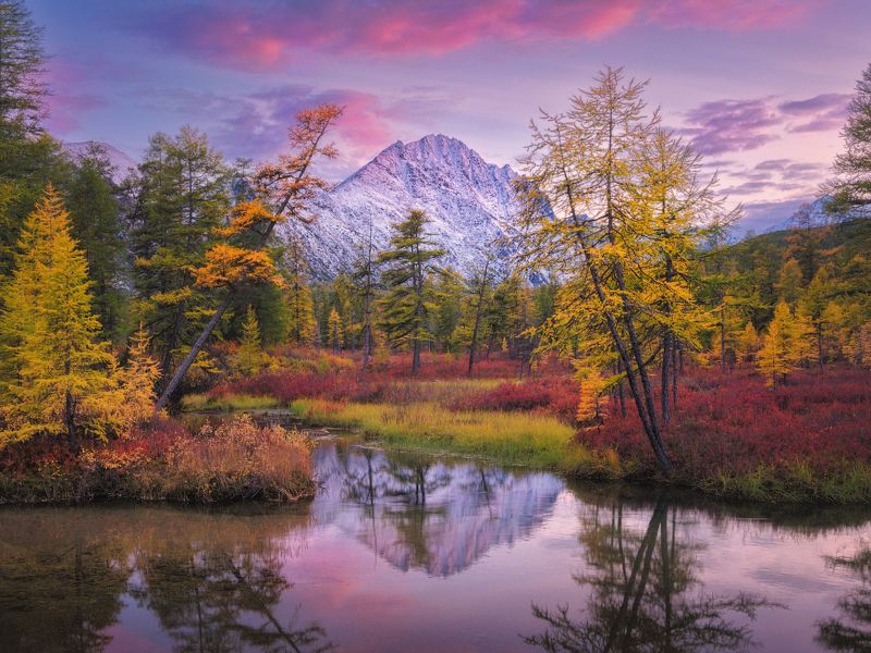 озеро джека лондона Пик Бараний в окружении разноцветной палитры Колымской осениphoto preview