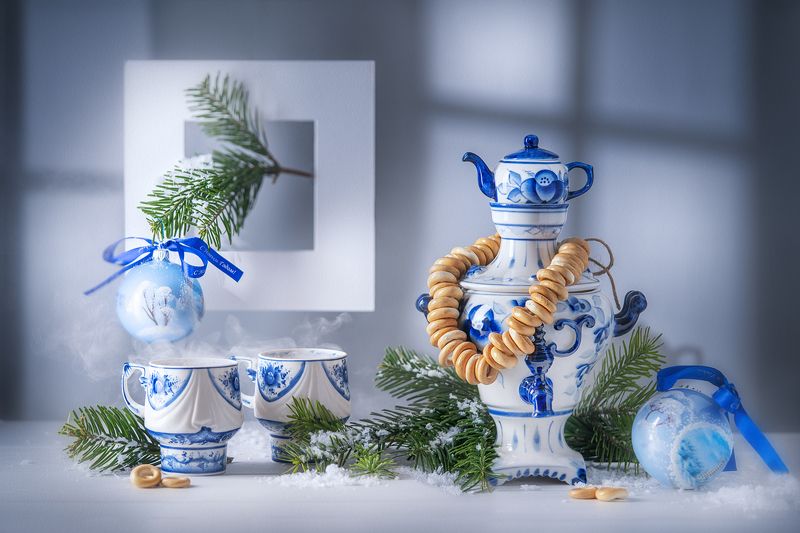 самовар, баранки, зима, чай, гжель Морозное утроphoto preview