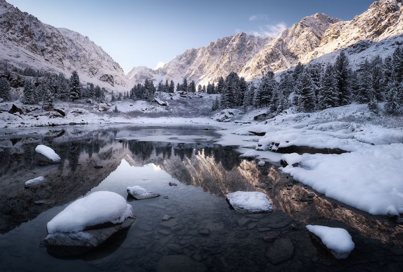 алтай, горный алтай, пейзажи алтая, устькоксинский район, горное озеро, снежная осень, горы, осенний алтай, куйгук, мультинские озера, предзимье, зазеркалье Предзимнее зазеркальеphoto preview
