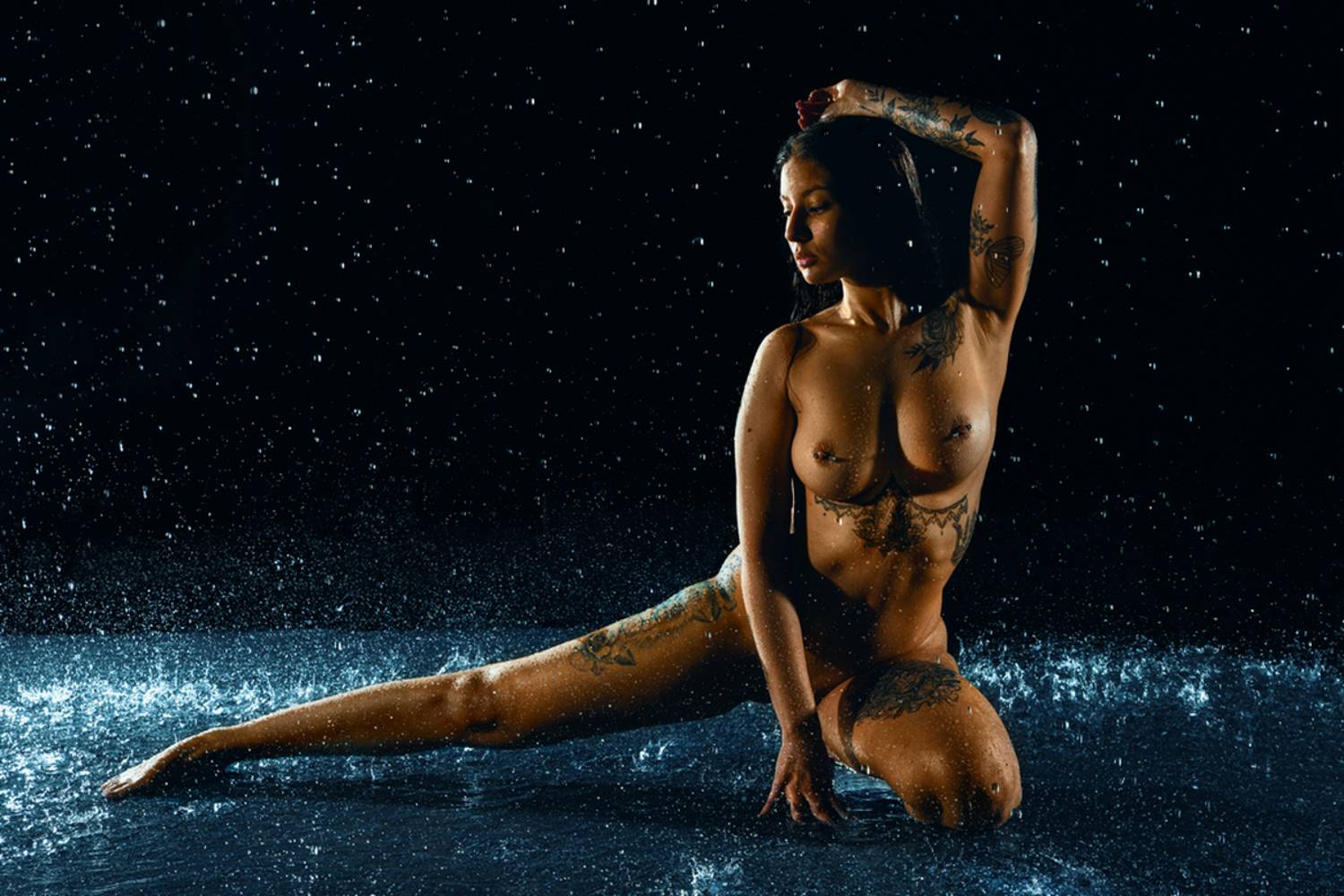 tattoo model, woman, sexy, water, rain, rain drops, water drops, studio, sexy, nudes, girl, woman, fitness model, night, Kristian Liebrand