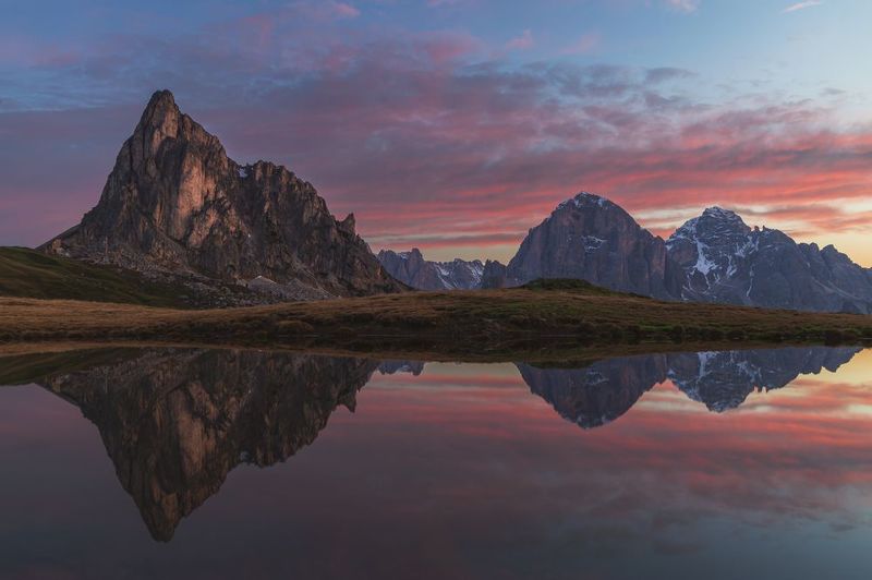 dolomites, mountains, pond reflection, reflection, lake, ragusela, ra gusela, south tyrol Pond Reflection on Passo di Giau, Dolomitesphoto preview