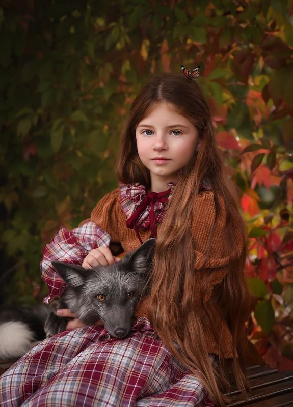 Лиса, девочка, дети, животные, портрет, дружба, фотография с лисой Дружбаphoto preview