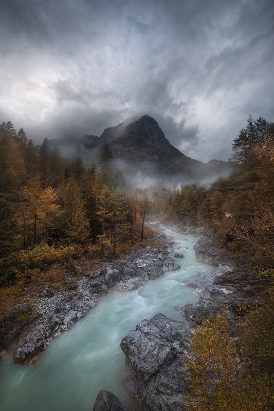 slovenia, sunrise, landscape, longexpo, nikon, autumn, fall, church, river, soca, mountain, clouds, sunset Autumn In Sloveniaphoto preview
