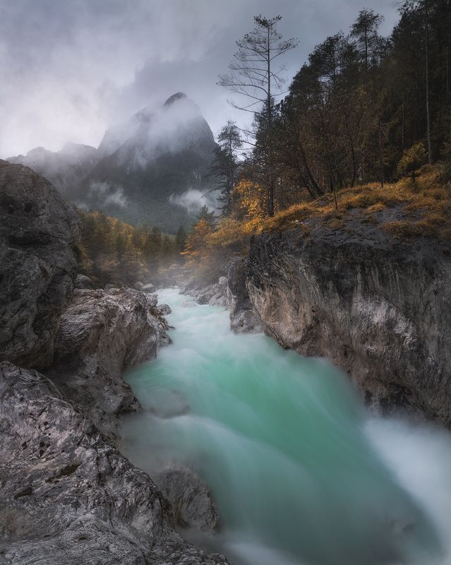 slovenia, sunrise, landscape, longexpo, nikon, autumn, fall, church, river, soca, mountain, clouds Blue Riverphoto preview