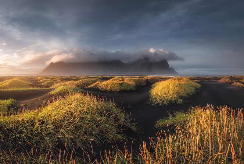 iceland, sunset, landscape, sky, sun, westrahorn, stokksness, lights, dune, mountains, mountain, clouds, hungarianphotographer Sunset At The Dunesphoto preview