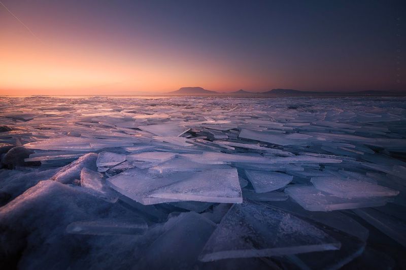 hungary, ice, winter, frozen, lake, balaton, landscape, sunset, waves Broken Waves on a Frozen Sunsetphoto preview