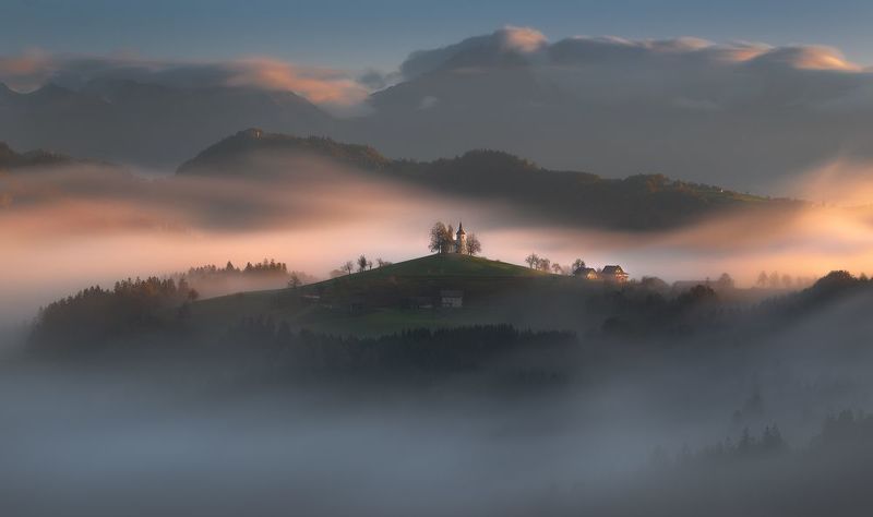 slovenia, sunrise, landscape, panorama, longexpo, nikon, autumn, fall, church, foggy wavesphoto preview