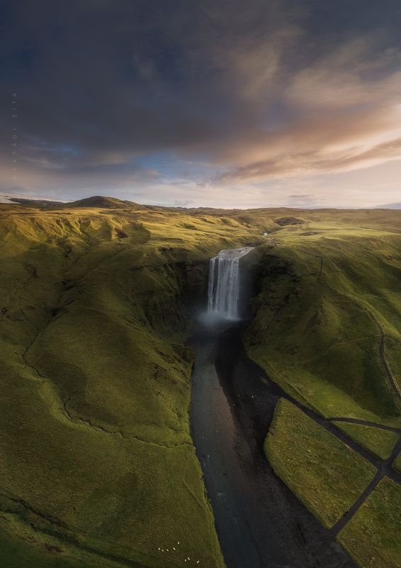 iceland, sunset, landscape, sky, sun, sunrise, areal, drone, dji, Waterfall from abovephoto preview
