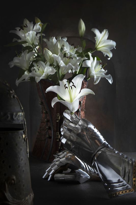 рыцарь, доспехи, перчатки, лилии, цветы, корсет, ваза, букет, династия, женский, дама, королевские, символ, щлем, отвага, доблесть, честь, битва, средневековье, воин, темный, металлический, блестящий, амуниция, защита, Цветы для Прекрасной Дамыphoto preview