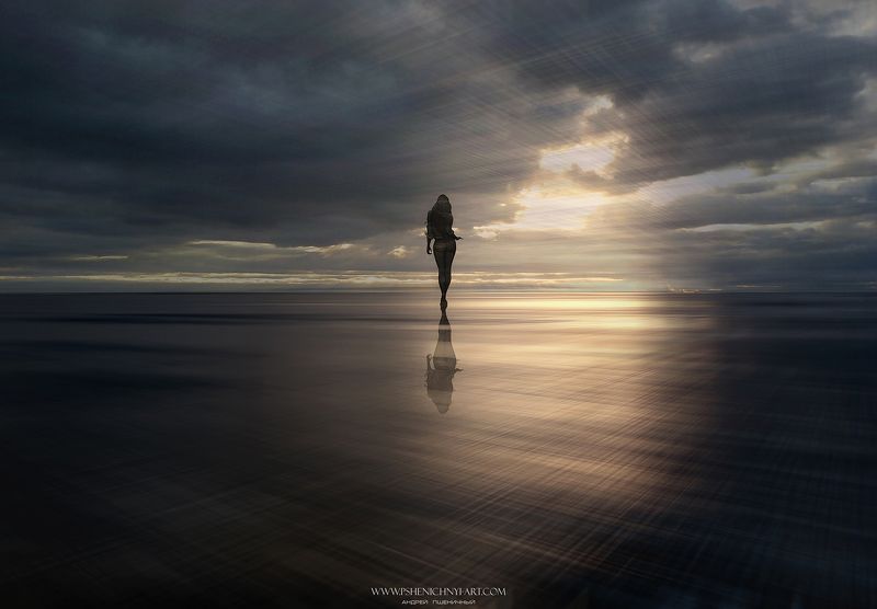 силуэт, девушка, вода, горизонт, небо, свет, закат, солнце, отражение, концепция Навстречу горизонтуphoto preview