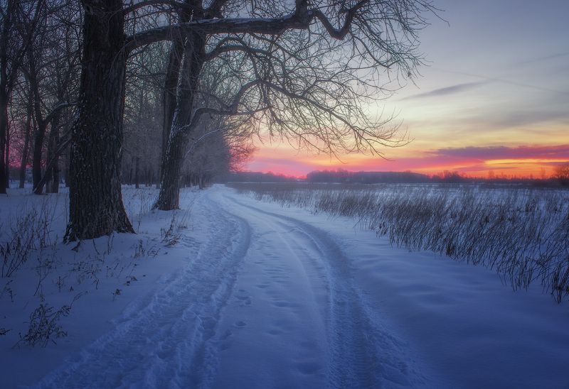 landscape, snow, winter, sunset, evening ***photo preview