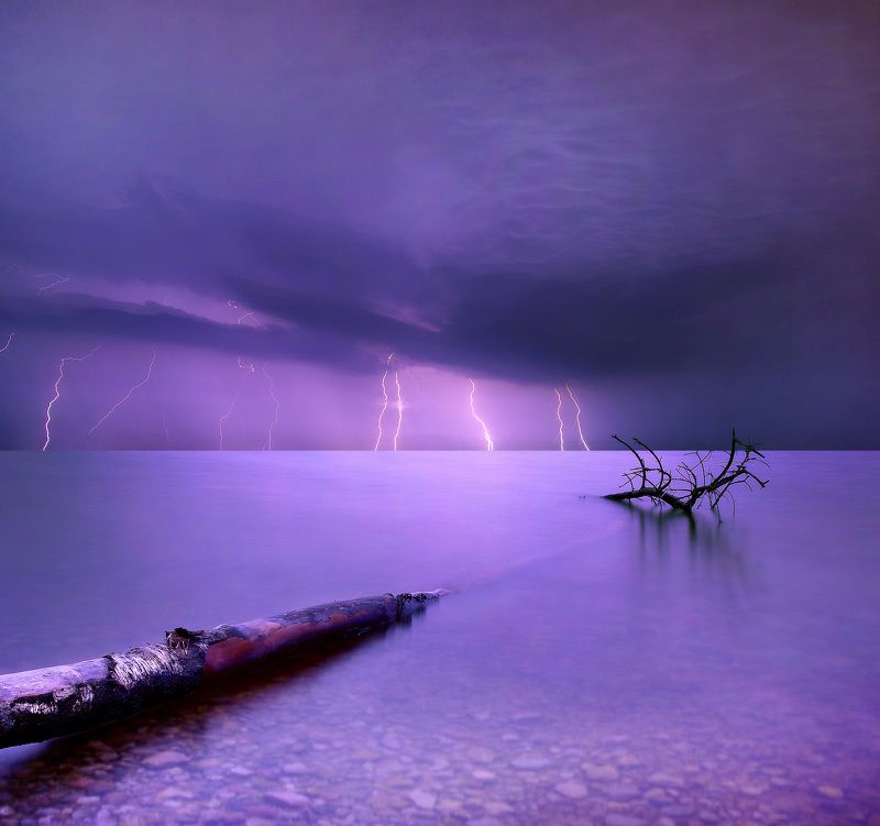 Lithuania, long exposure, water, tree, lightning, lake, storm *photo preview