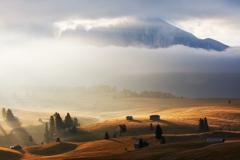 Autumn, Clouds, Dolomites, Europe, Fall, Fog, Huts, Light, Mist, Morning, Mountains, Peaks, Trees Morning Lightphoto preview