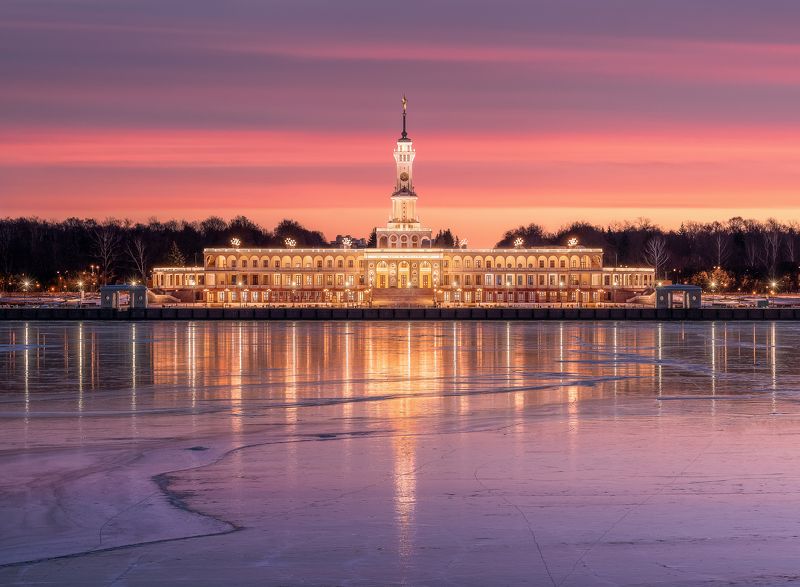 Северный речной вокзал, северное Тушино, речной вокзал, канали имени Москвы, рассвет, зима, лед, moscow, winter photo preview
