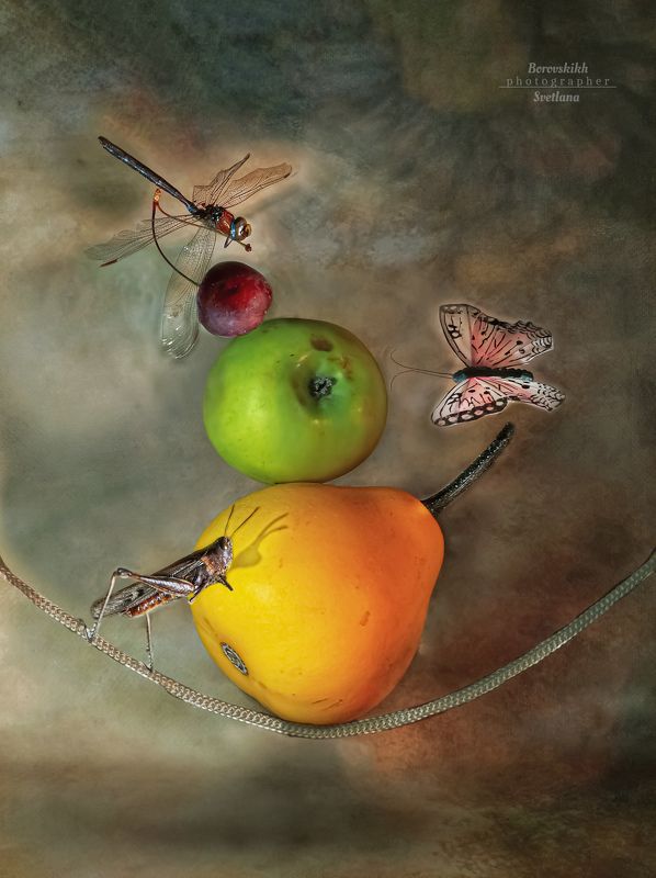 натюрморт, оммаж, левитация, сюрреализм, авангард, насекомые, овощи, фрукты, баланс Про дружбу и взаимовыручкуphoto preview