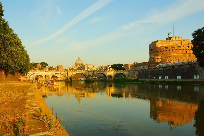 bridge, river, temple, palace, castle, bastion, fortress, light, sunrise, dawn, sun, reflection, architecture, history, symbol, angel Roman morningphoto preview