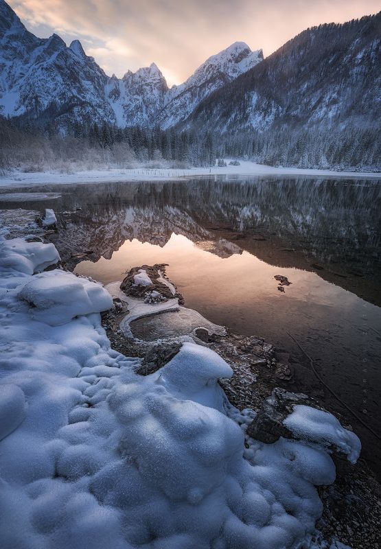 slovenia, sunset, landscape, longexpo, nikon, winter,  mountain, clouds, snow, lake, italy, Winter Reflectionphoto preview