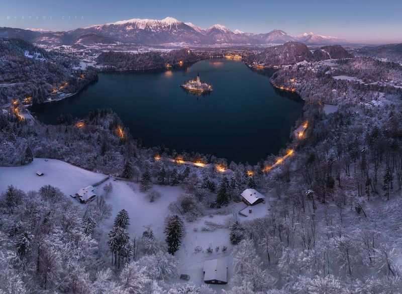 slovenia, sunset, landscape, longexpo, nikon, winter,  mountain, clouds, snow, lake, island, bluehour Necklace of the Queen Bledphoto preview