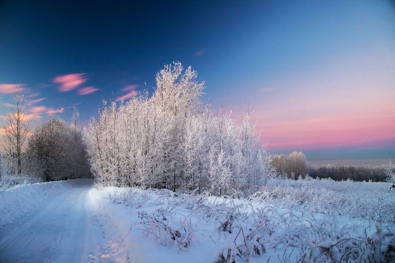 дорога, вечер, закат, холодно, холод, зима, снег, поле, лес, деревья, трава, небо, облака, иней Вечерняя дорогаphoto preview