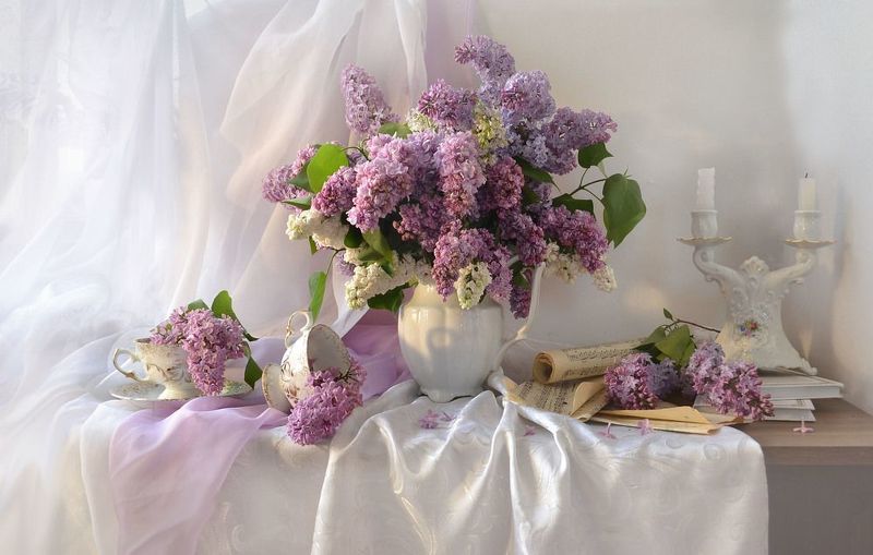 still life, натюрморт, цветы, фото натюрморт, весна, май, сирень, фарфор, настроение, подсвечник, ноты, книги, закат В закатный час, теплом души согретая...photo preview