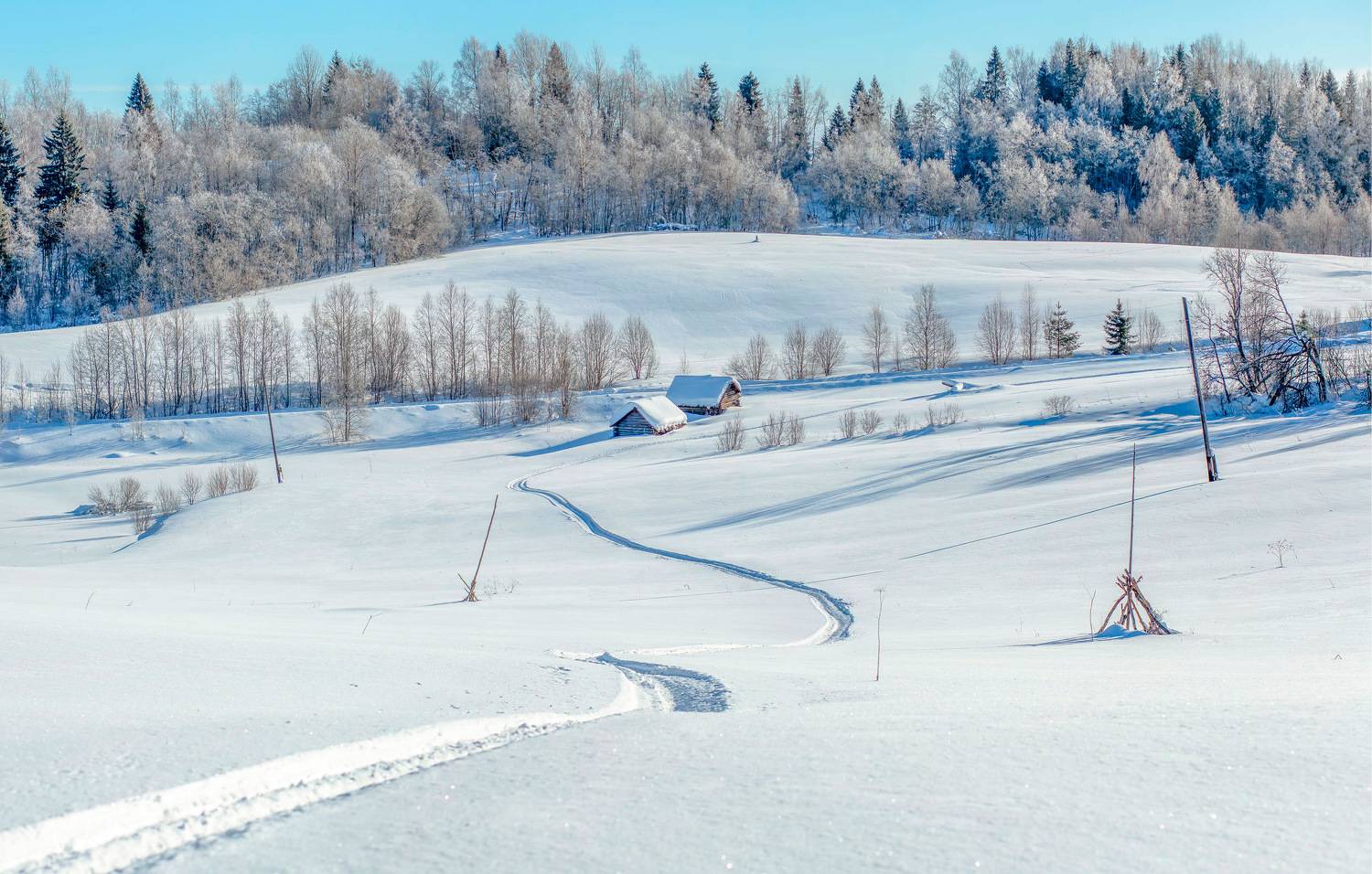 Про две бани, два увезённых стога, две покосившихся опоры ЛЭП, снегоходный след и зиму.. Автор: Yuri Ovchinnikov , Yuri Ovchinnikov