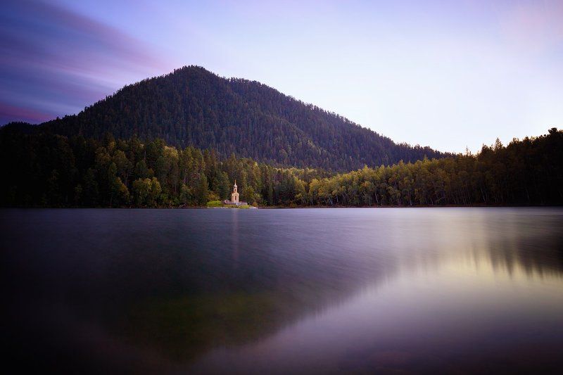 Вода, Длинная выдержка, Иркутск, Лес, Небо, Облака, Озеро, Осень, Отражения, Часовня Часовня на озереphoto preview