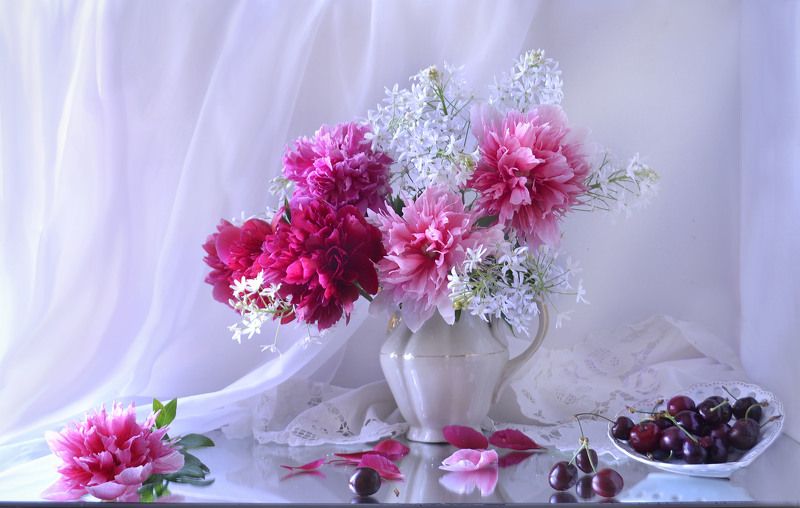 still life, натюрморт, цветы, фото натюрморт, , фарфор, настроение, лето, пионы, птицемлечник, отражение, вишня Люблю июнь, когда цветут пионы...photo preview