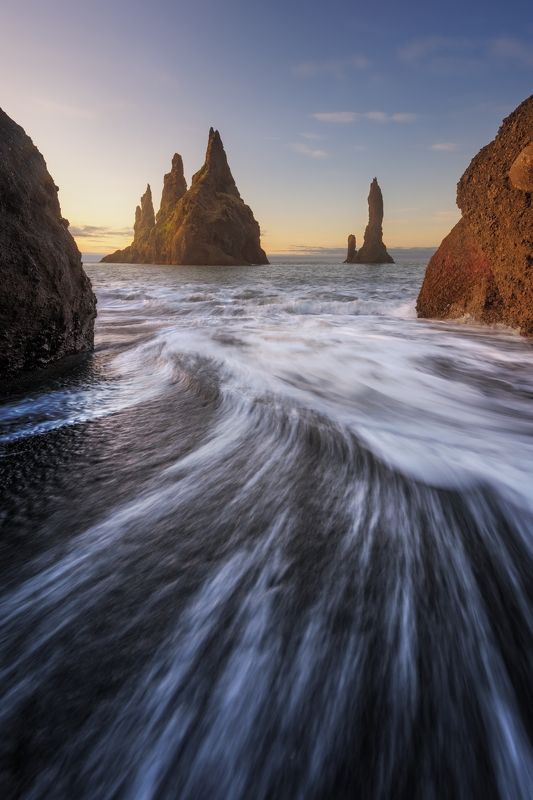 iceland, morning, sunrise, sunset, water, landscape, mood, light, sky, cloud, birds, troll, seascape Morning of Trollsphoto preview