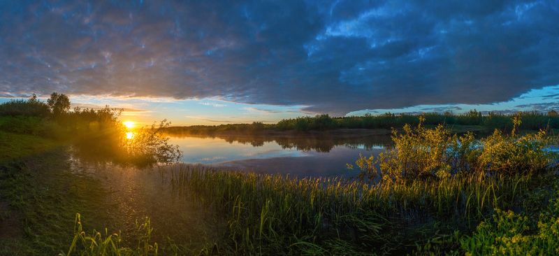 лето, утро, тепло, водоем, река, Вятка, трава, поле, кусты, небо, облака, тучи, солнце, восход, лес, рассвет, панорама Теплое утроphoto preview