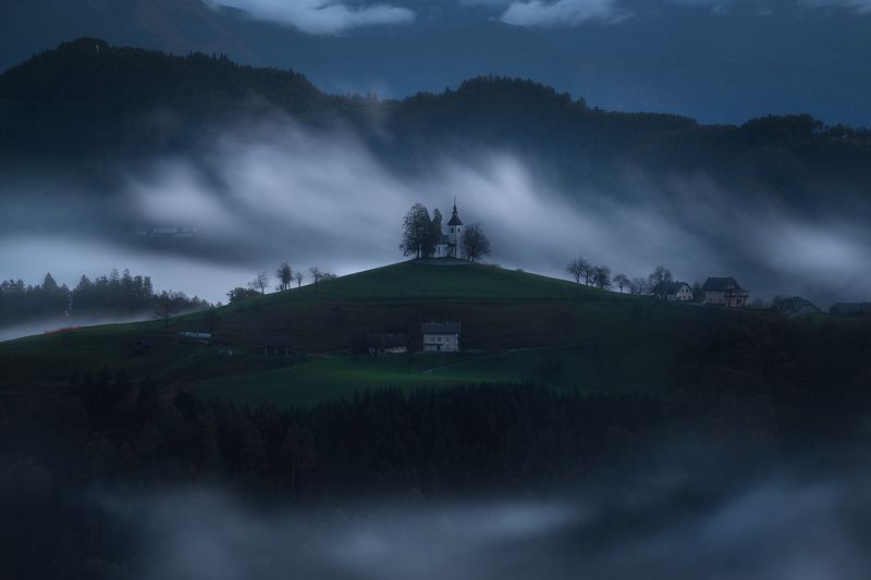 slovenia, mountains, church, longexpo, clouds, Foggy Dawnphoto preview