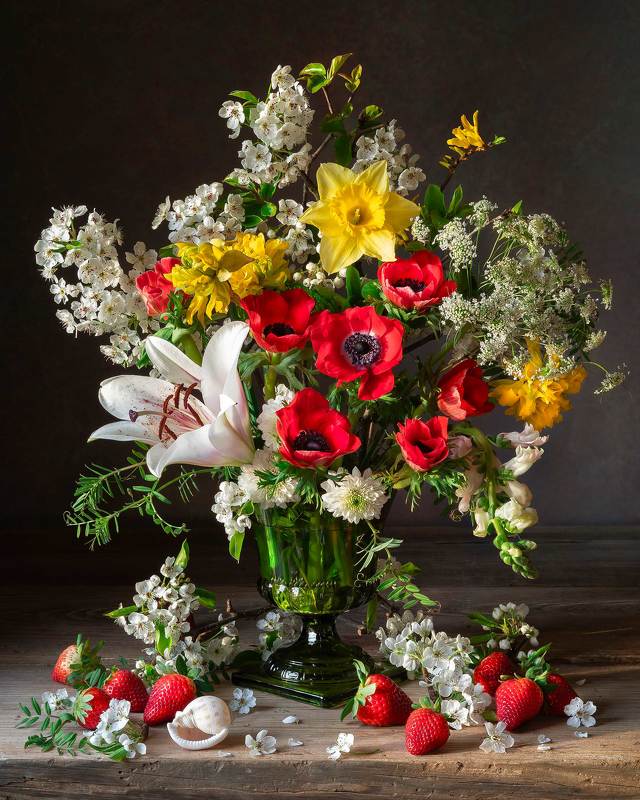 spring flowers, anemone, strawberries, still life photography Spring Blooms with Scarlet Anemonesphoto preview