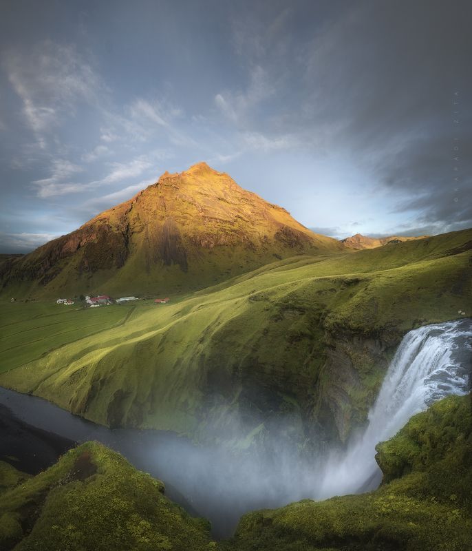 iceland, waterfall, longexpo, landscape, mountains, sunrise Green Landphoto preview