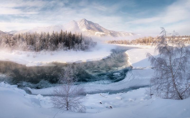 алтай, горный алтай, зимние горы, зимний пейзаж, зимний алтай, горы, река, реки алтая, катунь, парящая река, мороз, усть-коксинский район Убаюканная зимойphoto preview