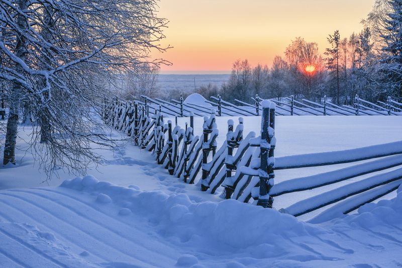 зима, закат, иней, мороз, сугробы, деревья, изгородь, следы, ритмы Ритмы зимнего закатаphoto preview