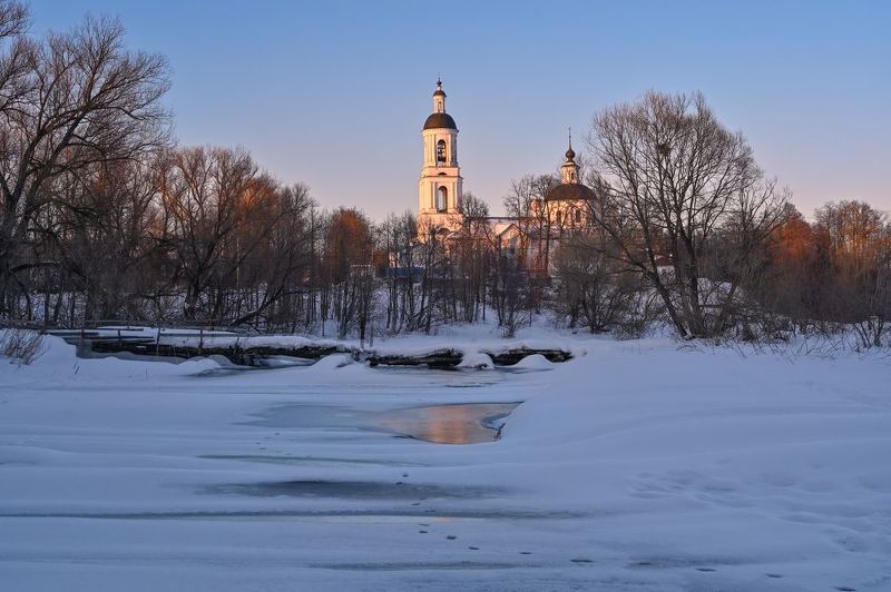 весна, вечер, река, лёд, снег, мост, церковь, небо весна в Филипповскомphoto preview