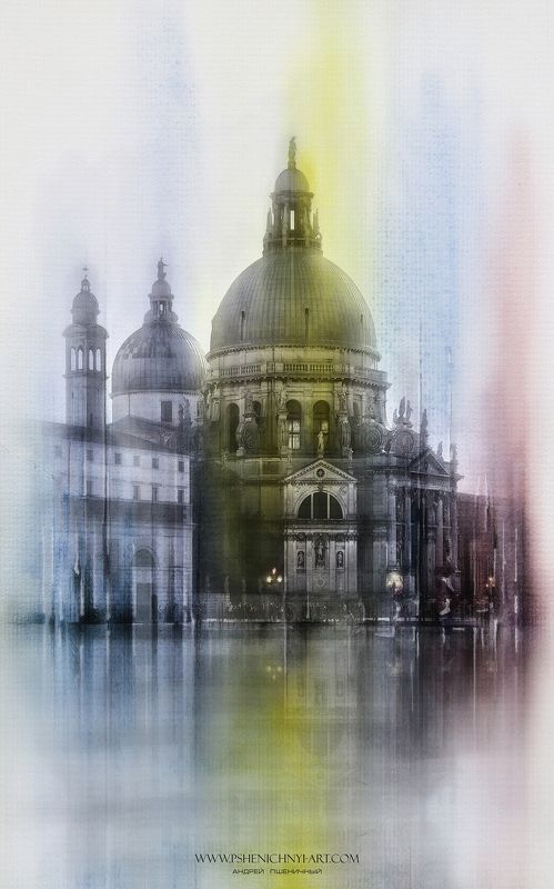 архитектура, городской пейзаж, акварель, италия, венеция, санта-мария-делла-салюте, собор, гранд-канал, отражение Венецианская акварельphoto preview
