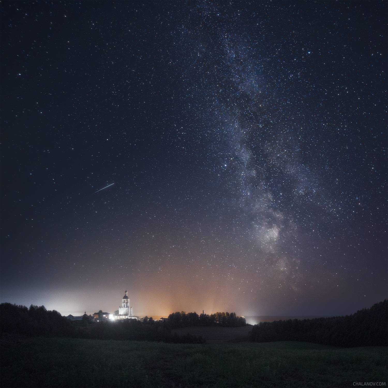 пейзаж, архитектура, церковь, осень, landscape, church, autumn, architecture, trees, milkyway, stars, млечный путь, звезды, Иван Чаланов