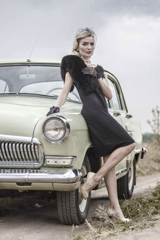 девушка, ретро, образ, автомобиль, волга ***photo preview