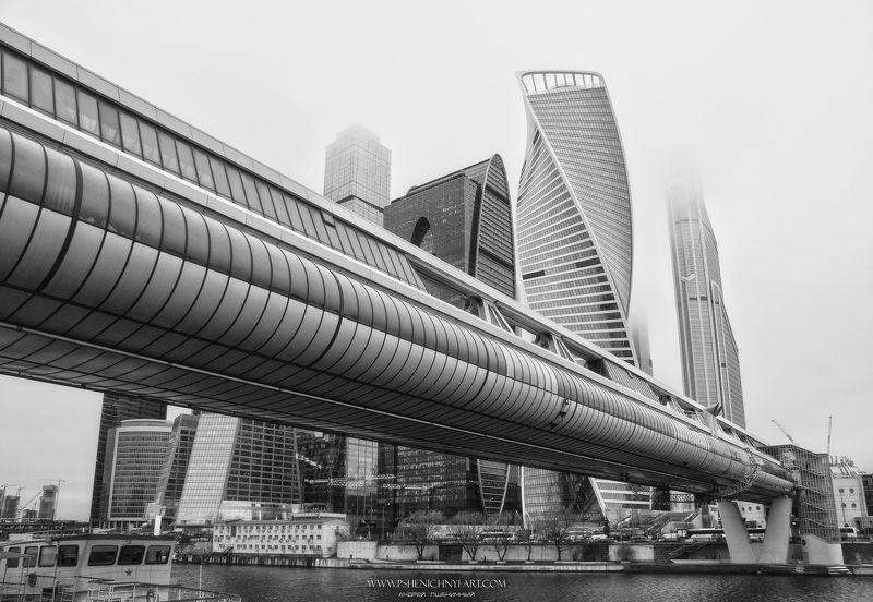 архитектура, мост, москва, туман, силуэты, городской пейзаж Багратионphoto preview