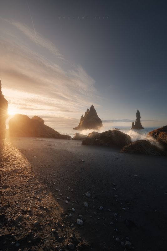 iceland, sunrise, landscape, sky, sun, lights, mountains, mountain, hungarianphotographer, beach, waves, rocks First Light at the beachphoto preview