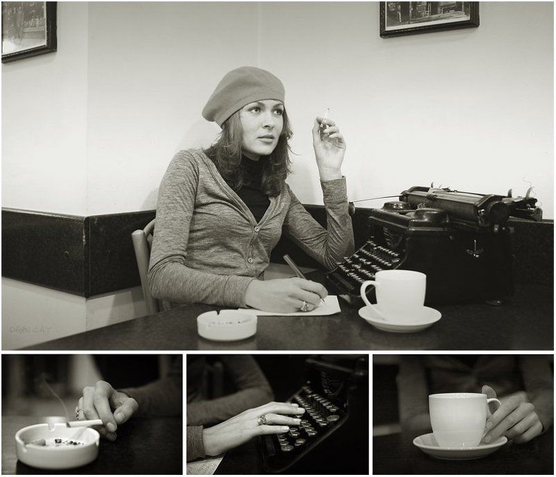 девушка, писательница, ретро, печатная, машинка, кофе, сигарета, французская, парижская, журналистка Парижская журналистка фото превью