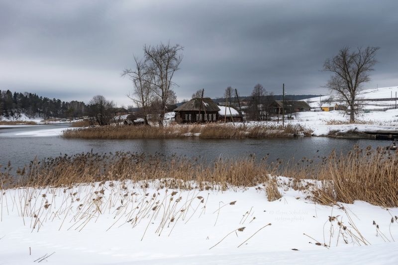 кислово, деревня, пермский край, весна, март, река, вода, лед, снег, дом, изба Деревня Кисловоphoto preview
